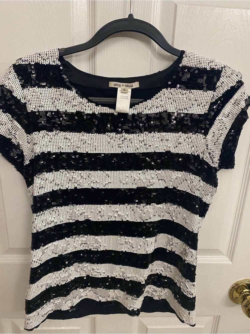 Alice + Olivia Black and White Sequin Striped Top